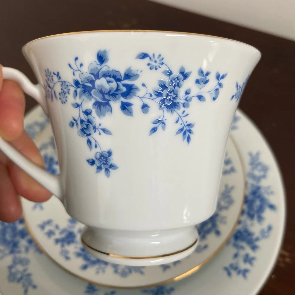Vintage China Garden Blue Floral Cup, Saucer & Dessert Plate w/ Gold Trim